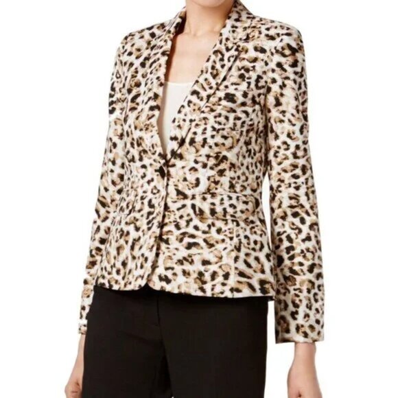 CALVIN KLEIN Petite Leopard Animal Print Notched Lapel Long Sleeve Suit Blazer - Picture 1 of 3